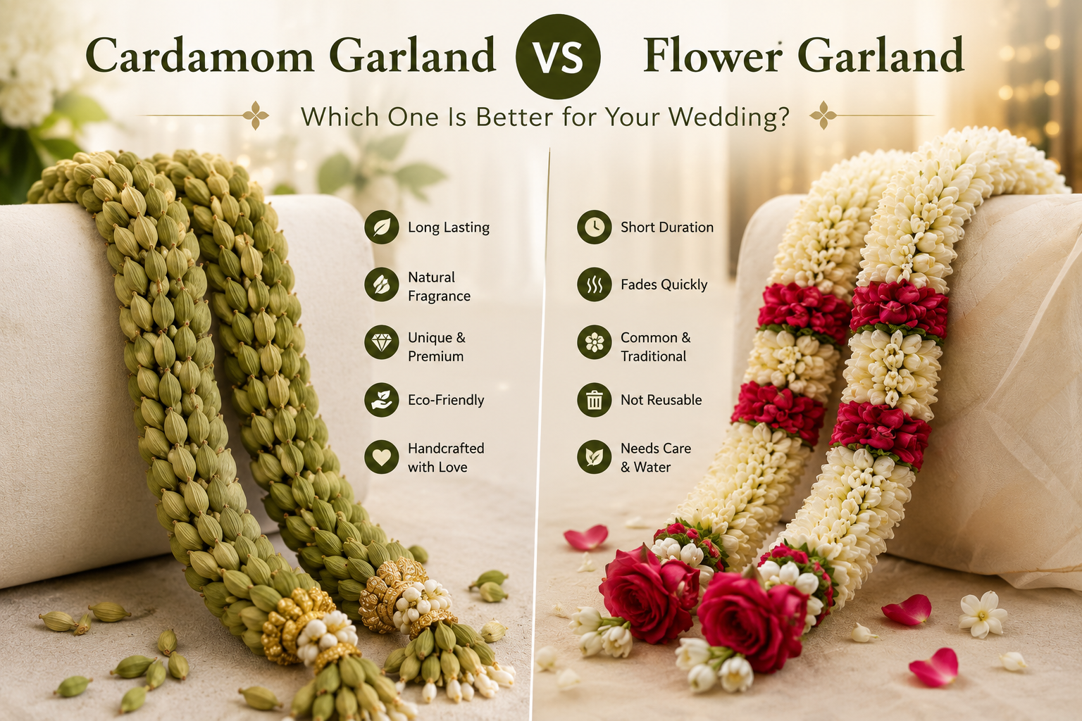 cardamom garland vs flower garland - greenwick ornams
